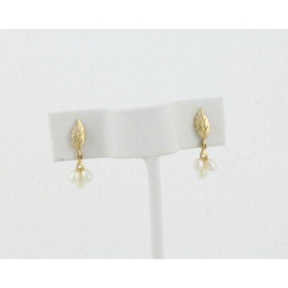 14k Yellow Gold Natural Pearl & Leaf Earrings Dangle Drop - Picture 6 of 6